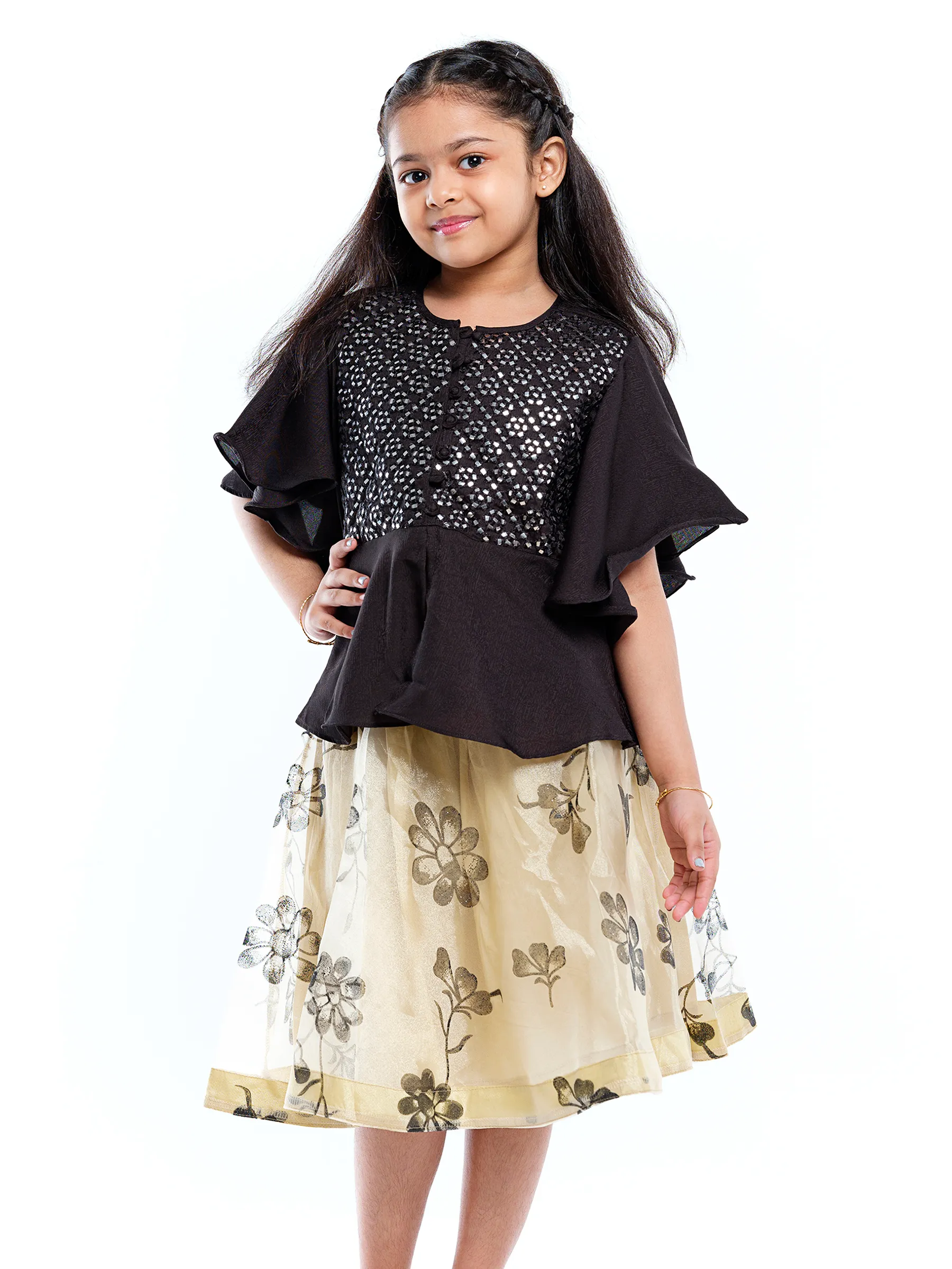 Black Embroidered Mixed Cotton Party Skirt Top